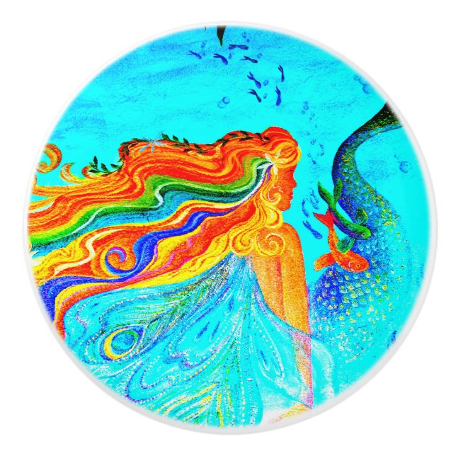 rainbow-haired mermaid ceramic knob (Front)