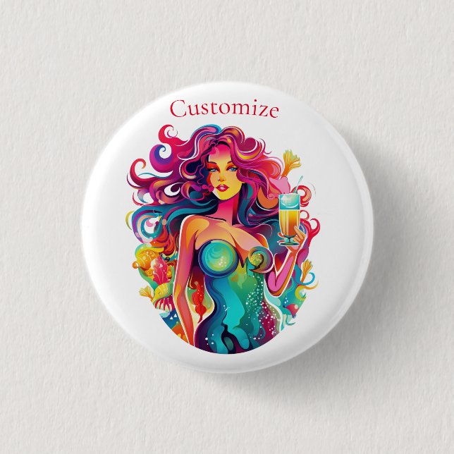 Rainbow-haired Mermaid With Cocktail  3 Cm Round Badge (Front)