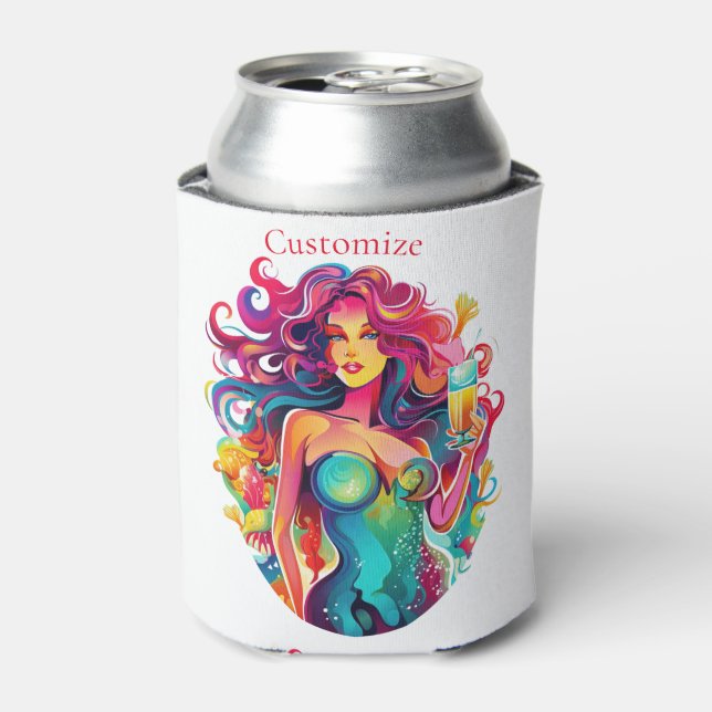 Rainbow-haired Mermaid With Cocktail  Can Cooler (Can Front)