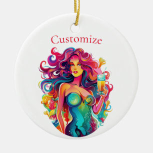 Rainbow-haired Mermaid With Cocktail Ceramic Tree Decoration