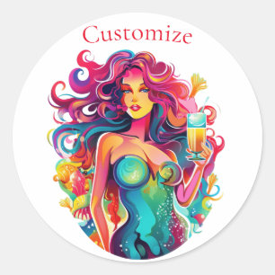 Rainbow-haired Mermaid With Cocktail Classic Round Sticker