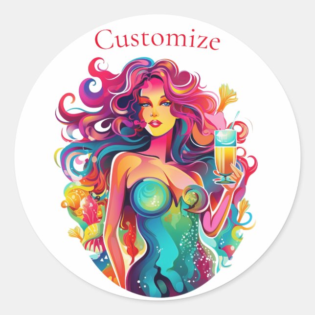 Rainbow-haired Mermaid With Cocktail  Classic Round Sticker (Front)