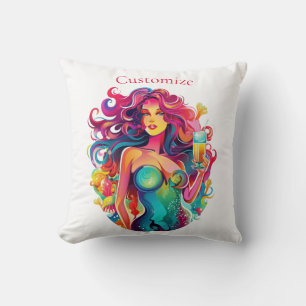 Rainbow-haired Mermaid With Cocktail  Cushion