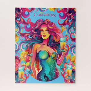 Rainbow-haired Mermaid With Cocktail Jigsaw Puzzle
