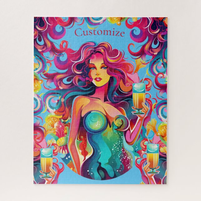 Rainbow-haired Mermaid With Cocktail  Jigsaw Puzzle (Vertical)