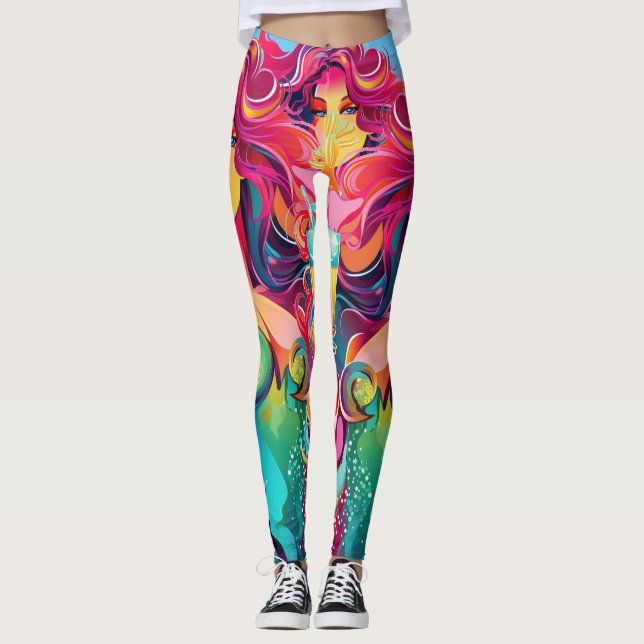 Rainbow-haired Mermaid With Cocktail  Leggings (Front)