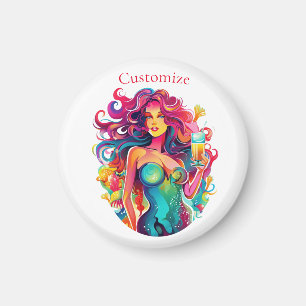 Rainbow-haired Mermaid With Cocktail  Magnet