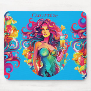 Rainbow-haired Mermaid With Cocktail  Mouse Mat
