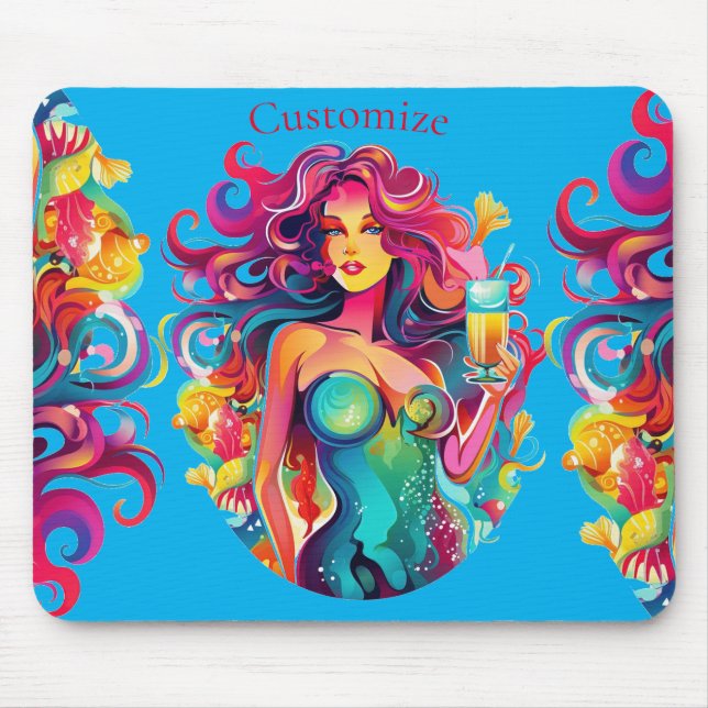 Rainbow-haired Mermaid With Cocktail  Mouse Mat (Front)
