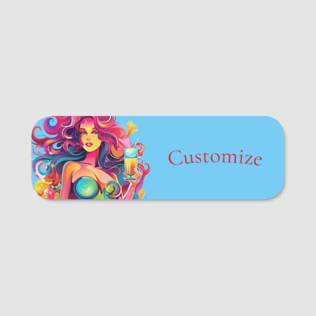 Rainbow-haired Mermaid With Cocktail  Name Tag (Front)