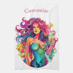 Rainbow-haired Mermaid With Cocktail  Tea Towel