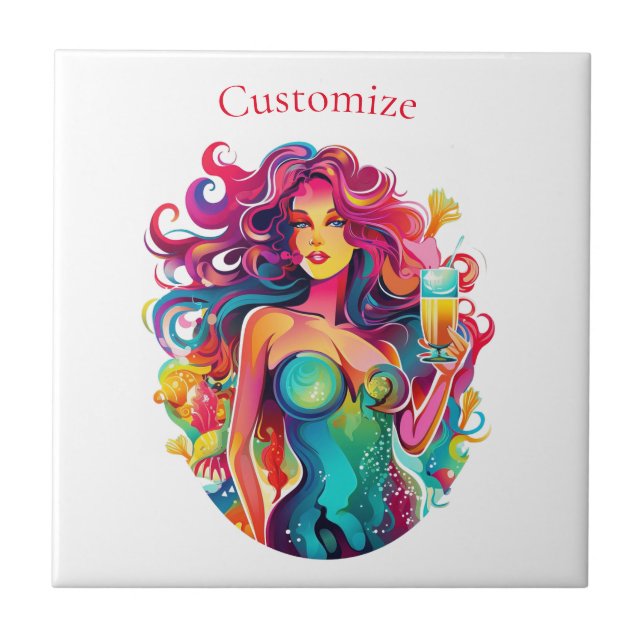 Rainbow-haired Mermaid With Cocktail  Tile (Front)
