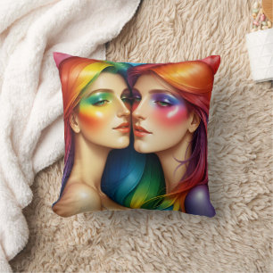 Rainbow Haired Women Embracing Colourful Beauty Cushion