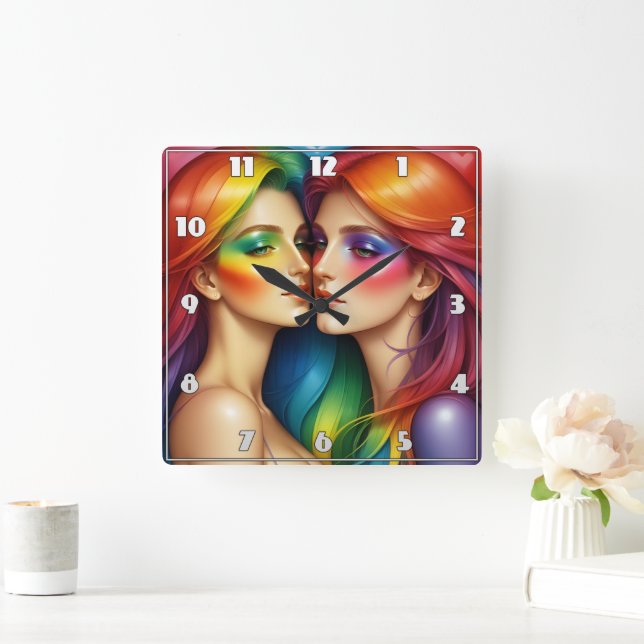 Rainbow Haired Women Embracing Colourful Beauty Square Wall Clock (Home)
