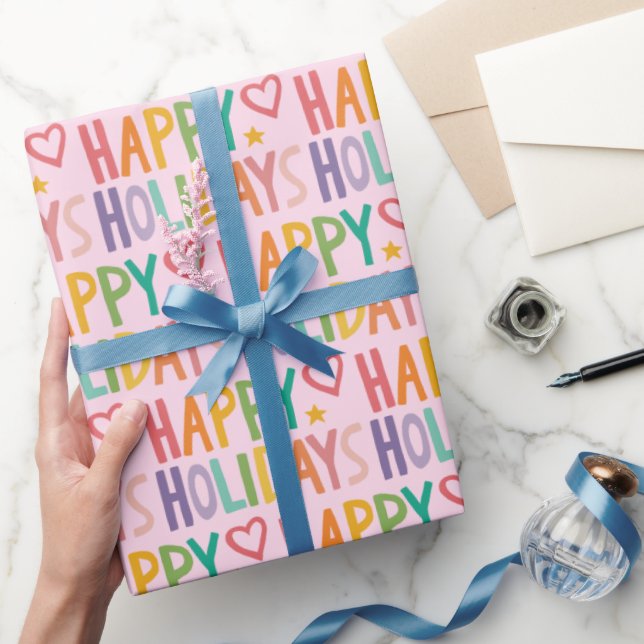 Rainbow Hand-Drawn Christmas HAPPY HOLIDAYS  Wrapping Paper (Gifting)