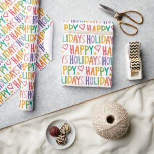 Rainbow Hand-Drawn Christmas HAPPY HOLIDAYS  Wrapping Paper