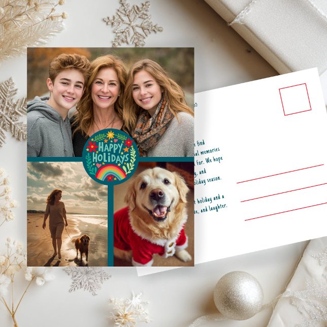 Rainbow Hand-Drawn Cute Holiday CUSTOM 3 PHOTO Postcard (Rainbow Hand-Drawn Cute Holiday Christmas CUSTOM 3 PHOTO Collage Postcard
)