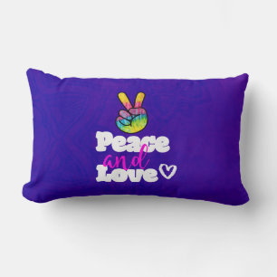 Rainbow Hand Peace Sign Peace and Love Typography Lumbar Cushion