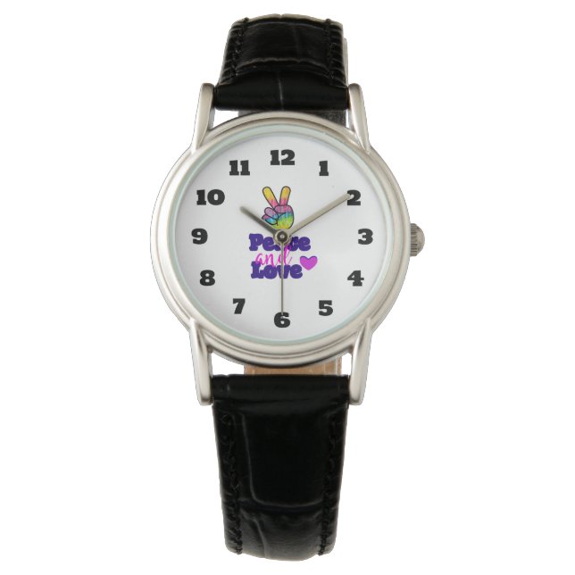 Rainbow Hand Peace Sign Peace and Love Typography Watch (Front)