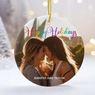 Rainbow Happy Holidays LGBTQ Couple Photo Ceramic Tree Decoration
