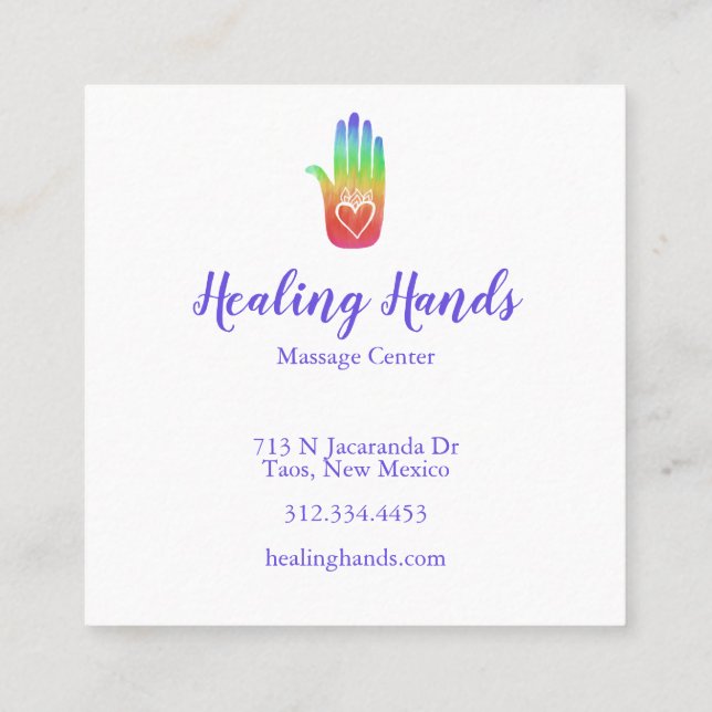 Rainbow Healing Hand Customisable Hearts Square Business Card (Back)
