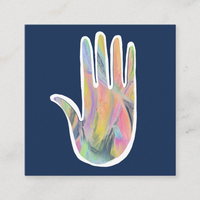 Rainbow Healing Hands Colourful Oil Paint Indigo Square Business Card (Front)