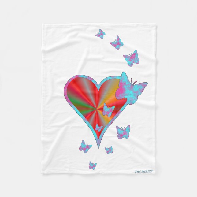 Rainbow Heart and Butterfly Fleece Blanket (Front)