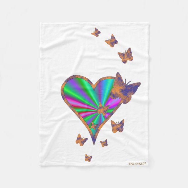 Rainbow Heart and Butterfly Fleece Blanket (Front)