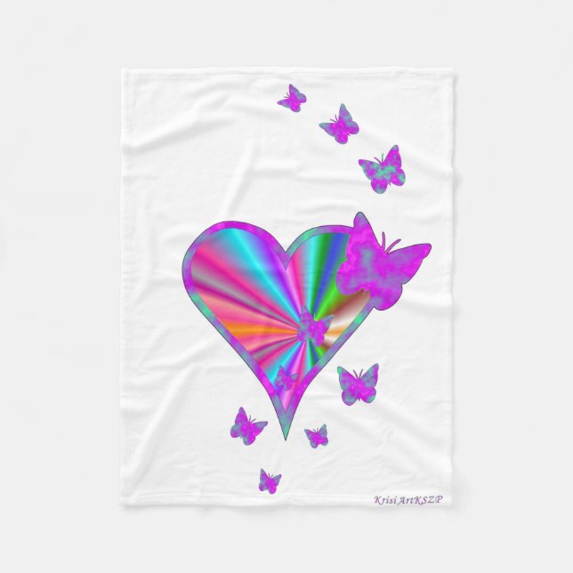 Rainbow Heart and Butterfly Fleece Blanket (Front)