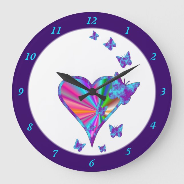 Rainbow Heart and Butterfly Large Clock (Front)