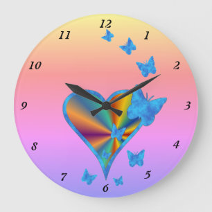 Rainbow Heart and Butterfly Large Clock