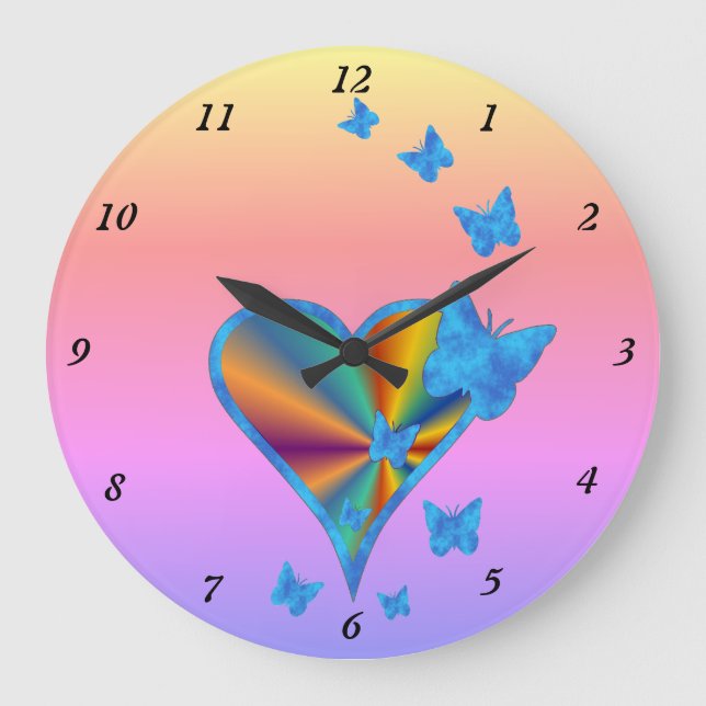 Rainbow Heart and Butterfly Large Clock (Front)