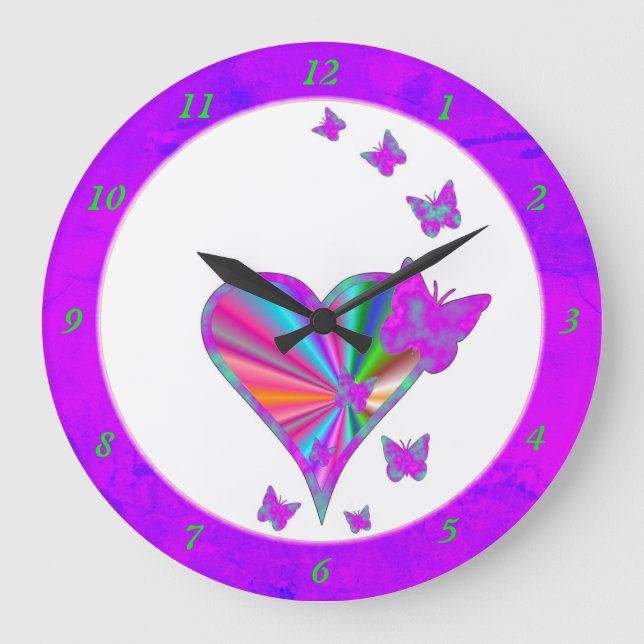 Rainbow Heart and Butterfly Large Clock (Front)