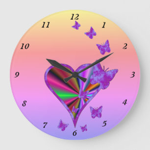 Rainbow Heart and Butterfly Large Clock