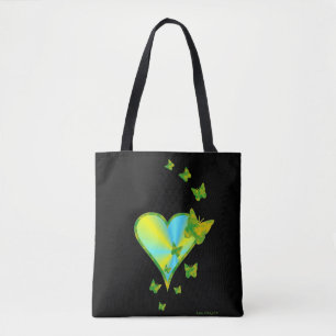 Rainbow heart and Butterfly on black Tote Bag