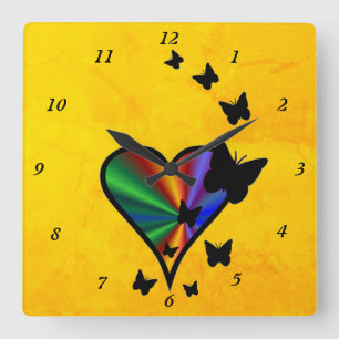 Rainbow Heart and Butterfly Square Wall Clock