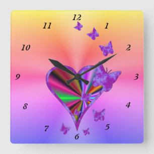 Rainbow Heart and Butterfly Square Wall Clock