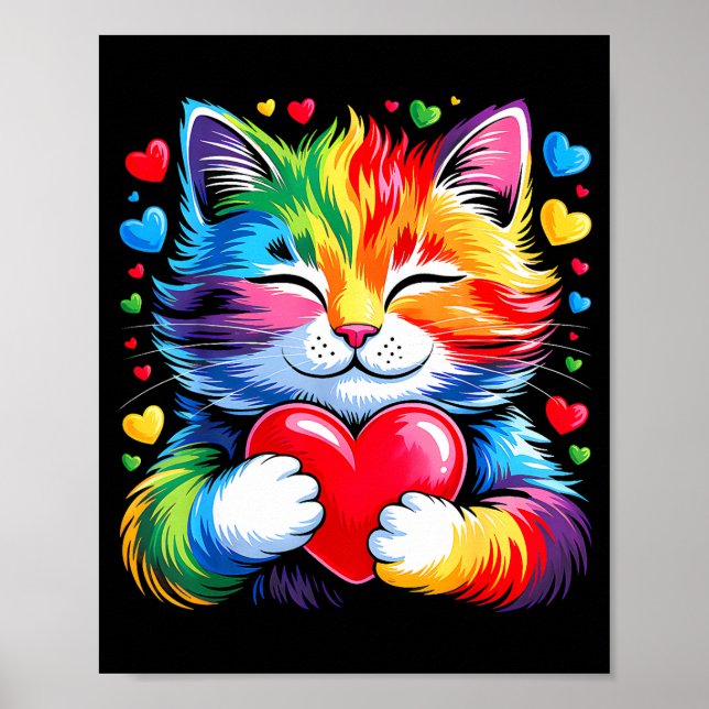 Rainbow Heart Cat, Cute Valentine Day For Kids Boy Poster (Front)