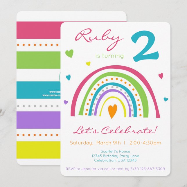 Rainbow & Heart Colourful Boho Little Girl Birthda Invitation (Front/Back)