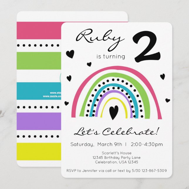 Rainbow & Heart Colourful Boho Little Girl Birthda Invitation (Front/Back)