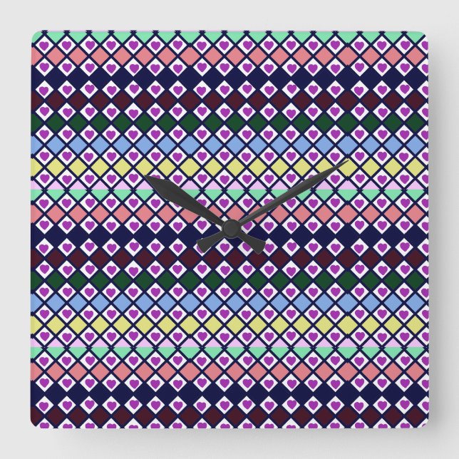 Rainbow Heart Diamond Pattern | Colourful Seamless Square Wall Clock (Front)