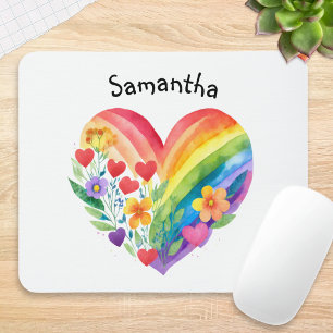 Rainbow Heart Flowers Watercolor Custom Name Mouse Mat