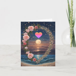 Rainbow Heart Full Moon Rose Wreath Valentine Holiday Card