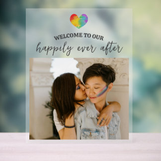 Rainbow Heart Happily Ever After LGBT Wedding Acrylic Sign