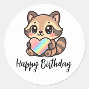 Rainbow Heart Happy Kawaii Racoon Happy Birthday Classic Round Sticker
