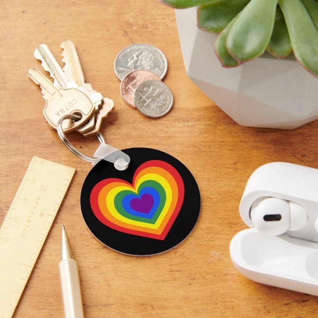 Rainbow Heart LGBTQ Pride on Black Key Ring (Desk)