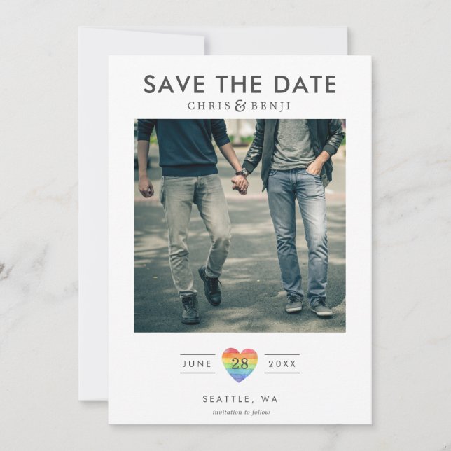 Rainbow Heart LGBTQ Save the Date with Photo (Front)