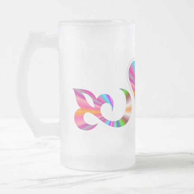 Rainbow Heart Lily and Butterfly Frosted Glass Beer Mug (Left)