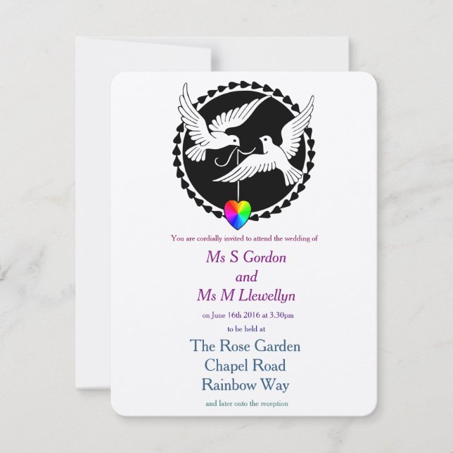 Rainbow Heart Love Doves Lesbian Wedding Invitation (Front)