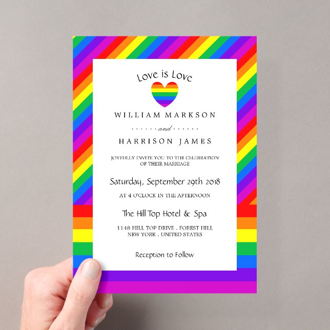 Rainbow Heart Love is Love Wedding Acrylic Invitations (Insitu (Handheld))